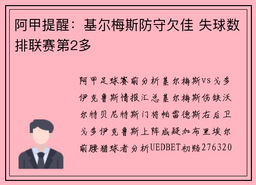 阿甲提醒：基尔梅斯防守欠佳 失球数排联赛第2多