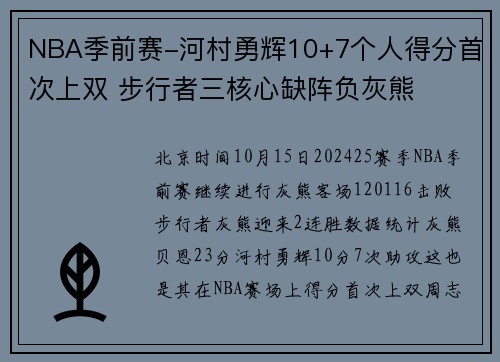 NBA季前赛-河村勇辉10+7个人得分首次上双 步行者三核心缺阵负灰熊