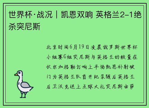 世界杯·战况｜凯恩双响 英格兰2-1绝杀突尼斯
