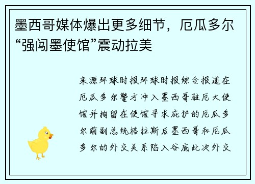 墨西哥媒体爆出更多细节，厄瓜多尔“强闯墨使馆”震动拉美