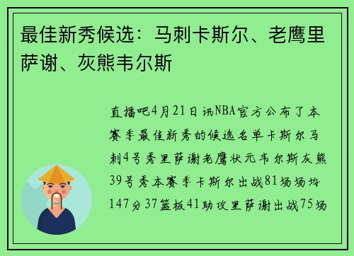 最佳新秀候选：马刺卡斯尔、老鹰里萨谢、灰熊韦尔斯