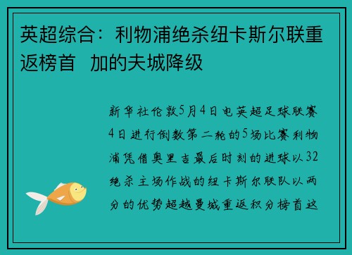 英超综合：利物浦绝杀纽卡斯尔联重返榜首  加的夫城降级